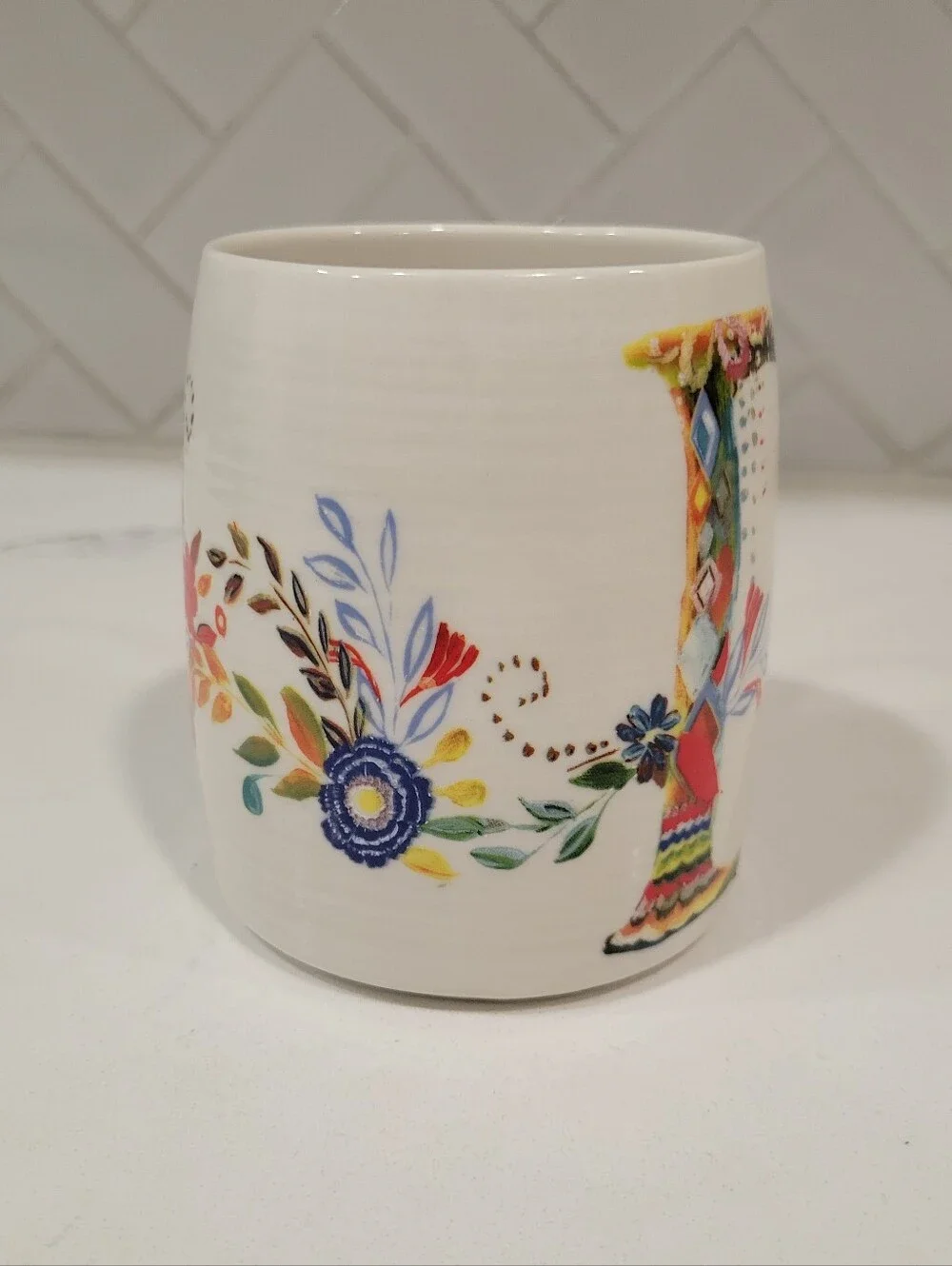 Starla M. Halfmann Anthropologie Floral Letter D Ceramic Mug in White